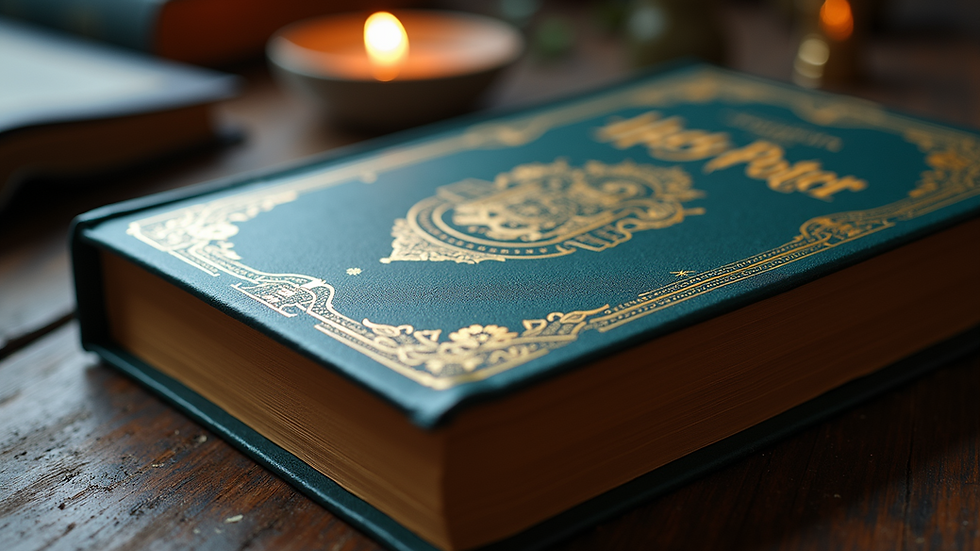 Close-up view of a richly detailed book cover showcasing magical elements from the Harry Potter series