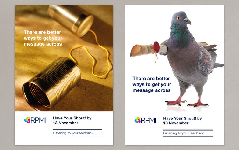 ‘Better ways to get your message across’ posters of carrier pigeon and tin-can phone encourage employees to have their say