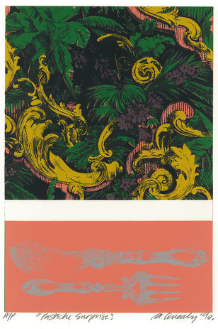 Illustrated antique fish cutlery printed in silver on peach panel. White band separates gaudy botanical wallpaper above