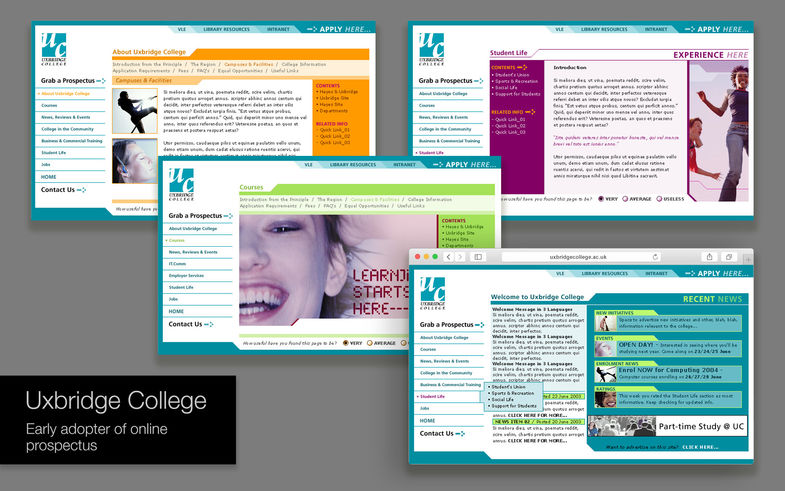 Uxbridge College online prospectus website screenshots: course selection pages, student life and about the college