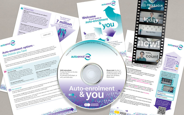 Autoenrolme products; DVD of films, support materials like helpfiles, FAQs auto-enrolment guide, template employee letters