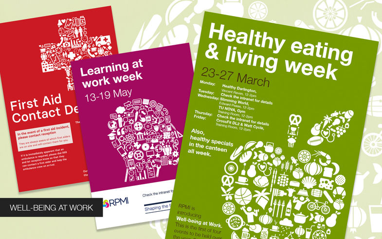 Posters using lots of small white icons on colour background to form a bigger object shape to denote the topic represented