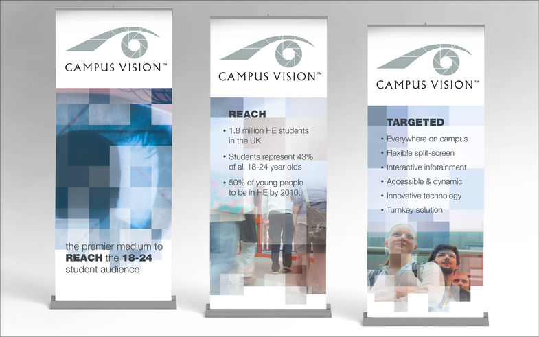 Pullup banners with Campus Vision logo, images and text about targeted platform reach for 18-24 year old student audience