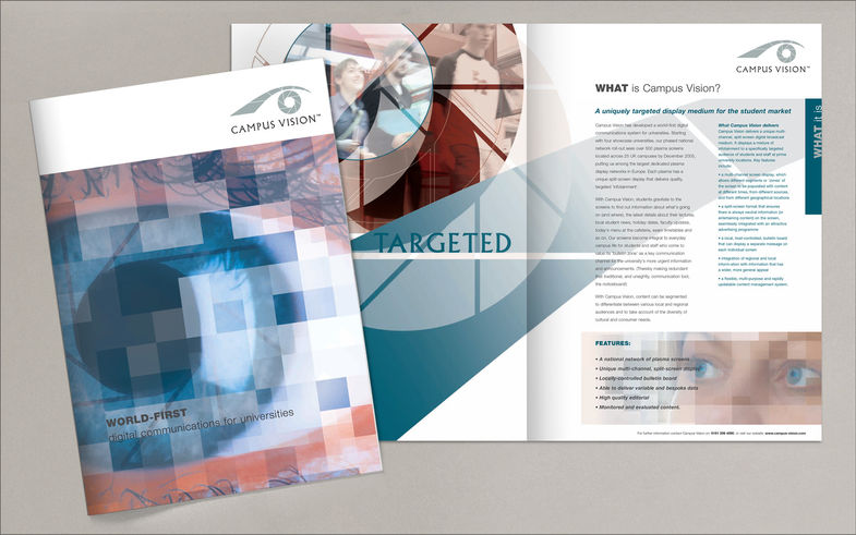 Campus Vision marketing brochure cover sub-titled ‘World-first digital communications for universities’ and inner pages