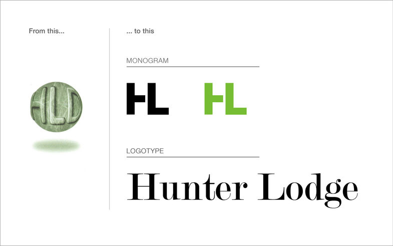 From old dated-looking HLD logo to new modern brand identity with HL monogram and Hunter Lodge logotype in classic typeface