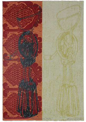 Hand whisk green line woodcut on right. Grey scribbled hand whisk print laid over pink and peach pomegranate motif on left