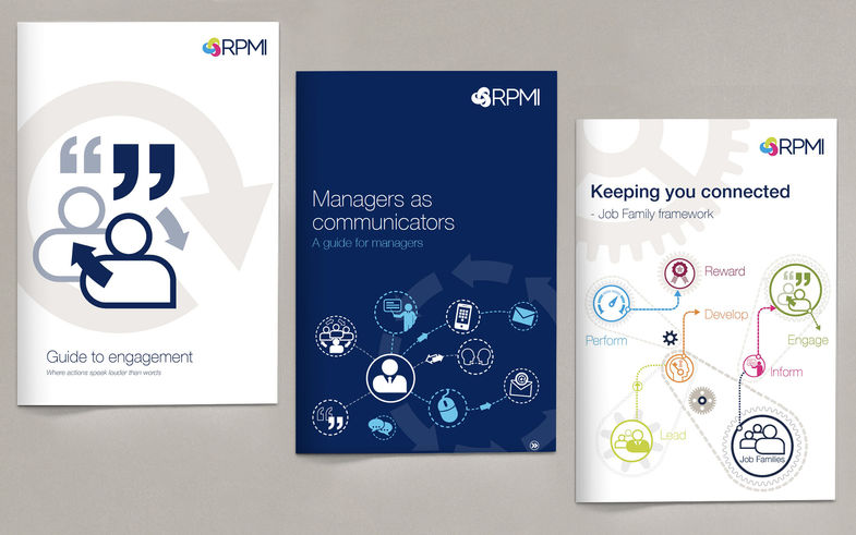 Three internal communication brochures: A guide to employee engagement, a guide for managers to better communicate with employees, a guide to a job families framework