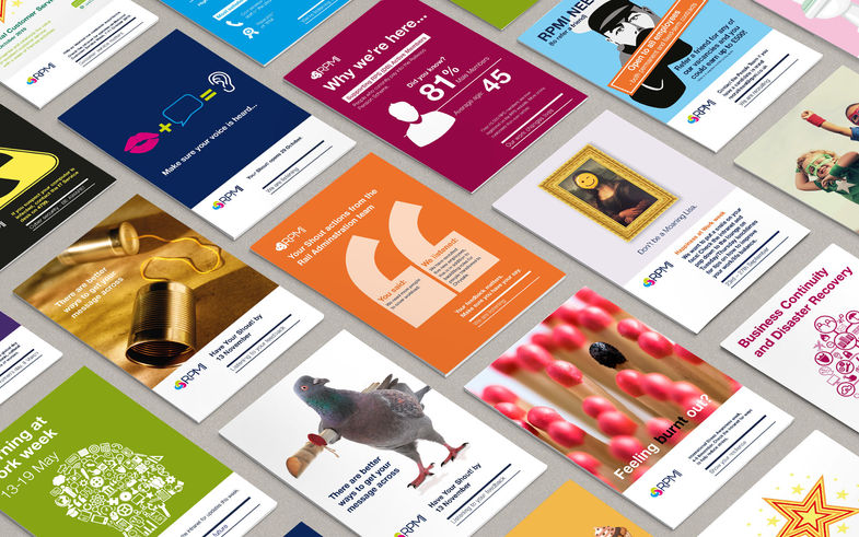 Range of internal comms posters and messages using a variety of design styles, photos, icons, and illustrations