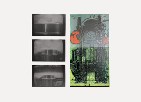 3 film frames of steaming pressure cooker on left. 4 colour screenprint of furniture wheels and house pressure filter