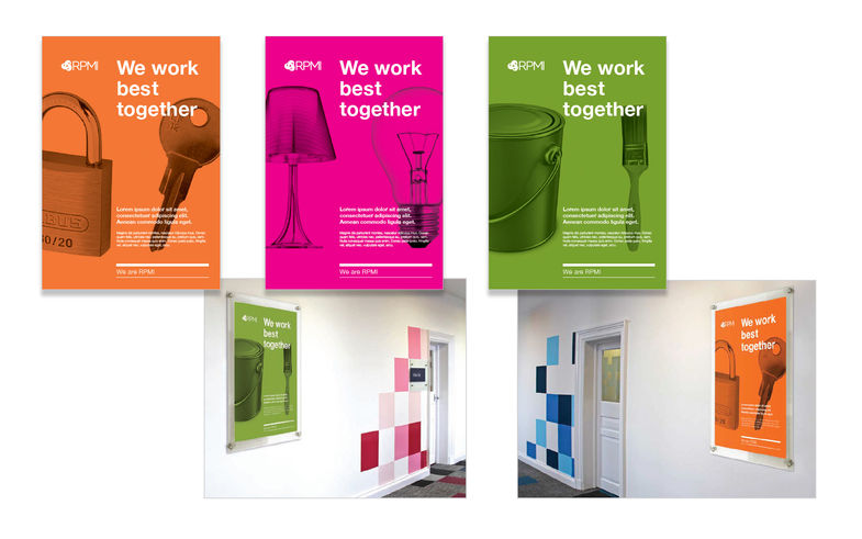 ‘We work best together’ posters show object pairs – padlock/key, lamp/lightbulb, paint/brush – to discourage silo-working
