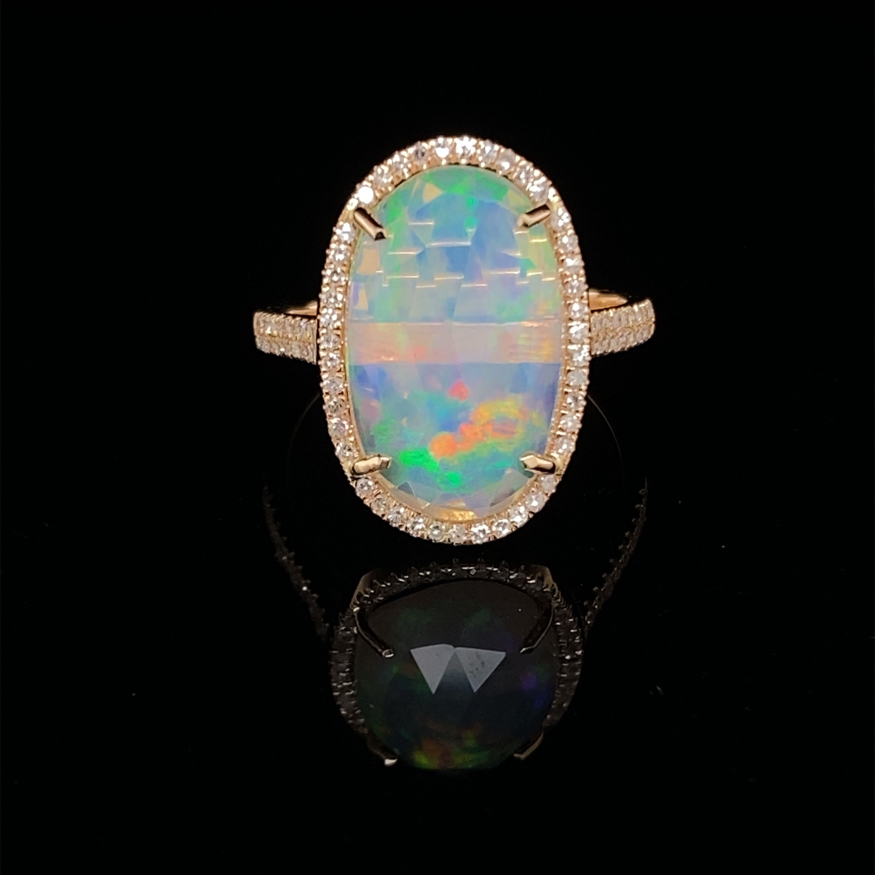14K Gold Faceted White Opal and Diamond Ring