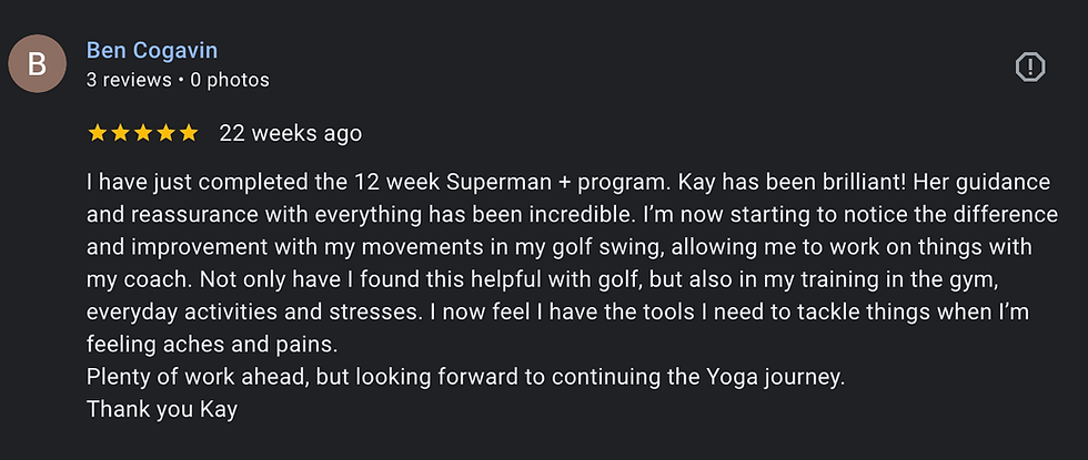 Google review from golfer describing improved posture, golf swing rotation, and reduced pain after golf mobility coaching