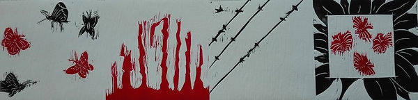 Air de liberté avec papillons, hirondelles sur des fils,fleurs, et herbes