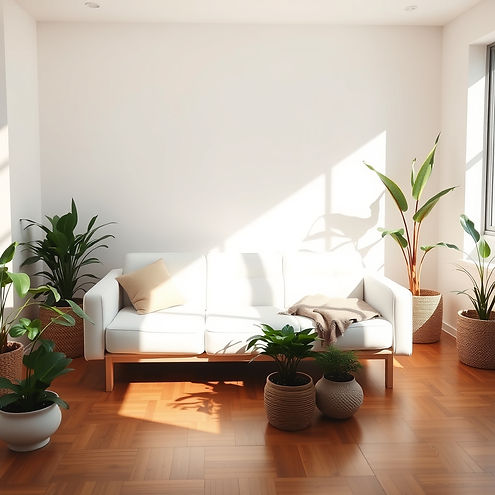 Wellness studio, wood floors, comfortable white couch, plants, natural sun light .jpg