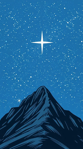 An art graphic of a mountaini with a star above it in the night.