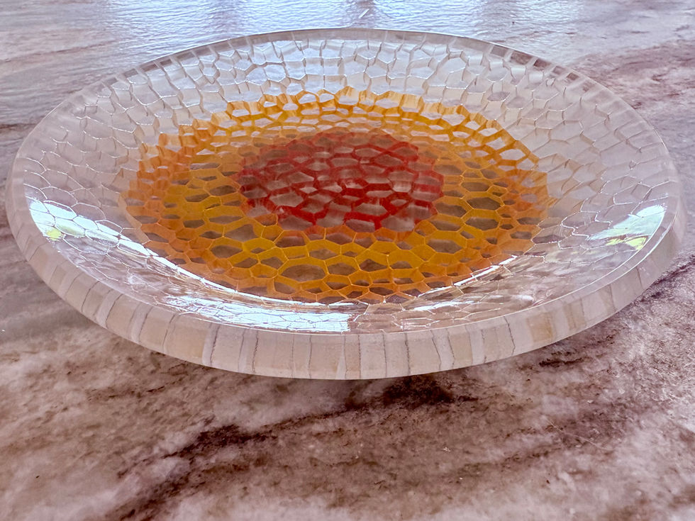 Clear glass plate with orange and red center, Bubbles!, FMW ArtGlass.