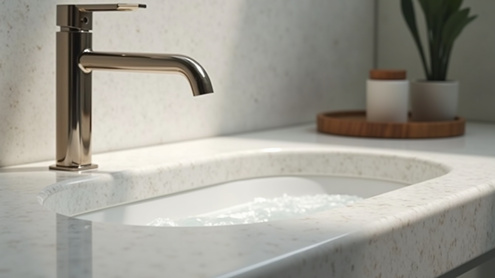 Close-up view of durable quartz countertop and modern faucet in a bathroom