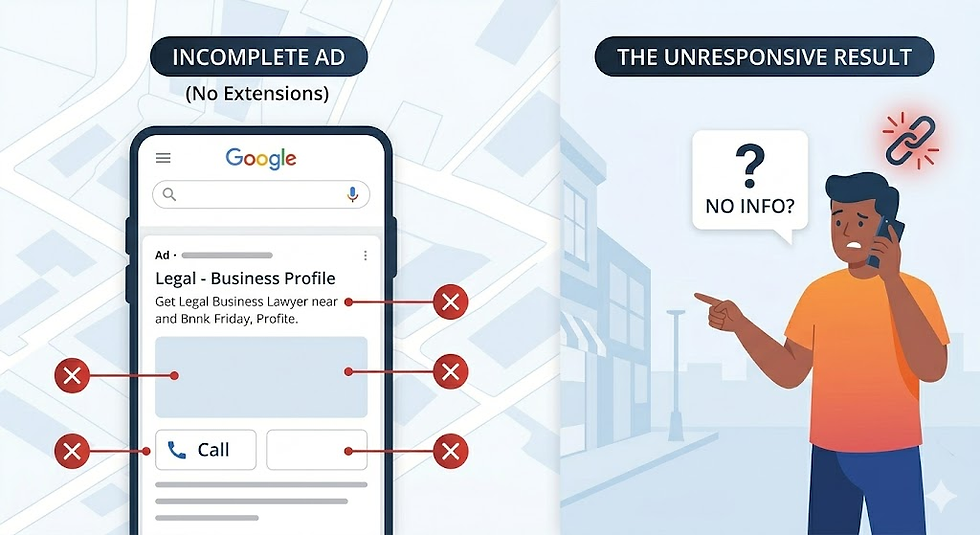 Incomplete Google ad on a phone with red Xs; confused man on phone beside THE UNRESPONSIVE RESULT.