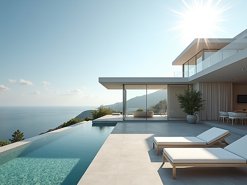 A modern luxury villa with clean lines and expansive glass, overlooking a tranquil Mediter