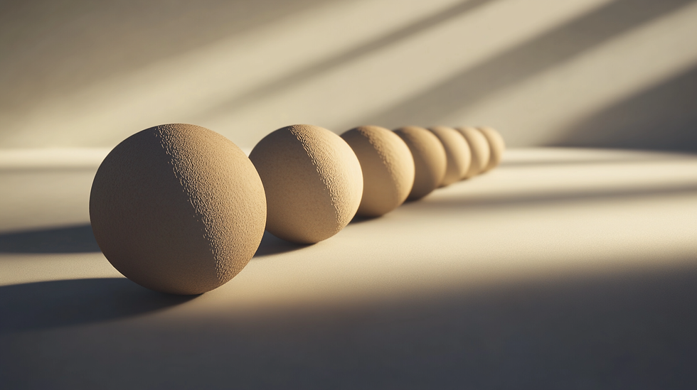 一直線に並んだ複数の球体に斜めの光が差し込む抽象的な構図