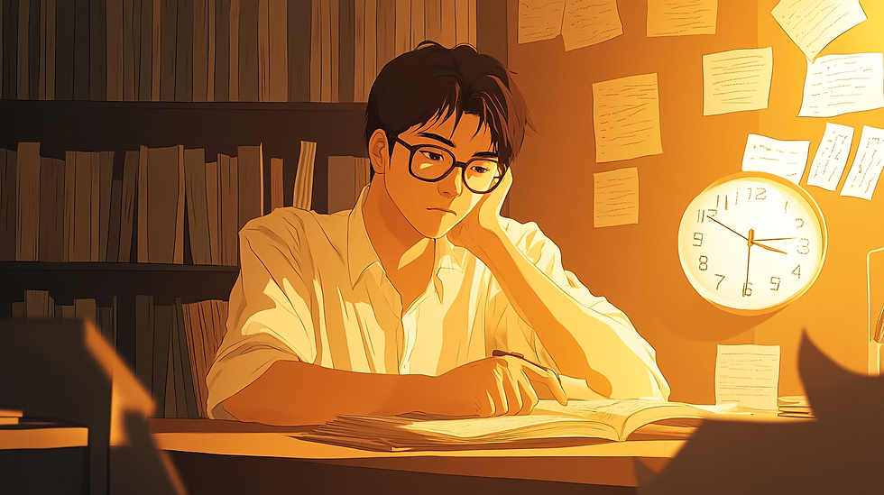 夜の書斎で、眼鏡をかけた人物が机に向かい本を読みながら考え込んでいる様子