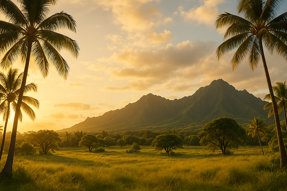 夕日の光に照らされたコオラウ山脈とヤシの木に囲まれた緑豊かな草原の風景。