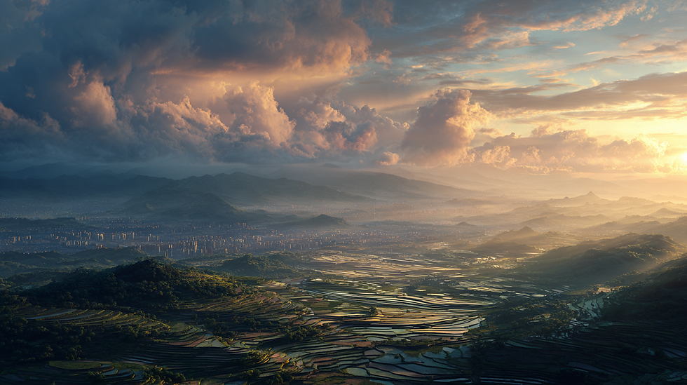 棚田と山並みが広がる幻想的な夕景の風景