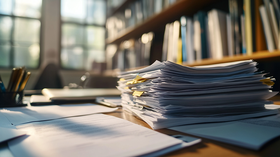 付箋が挟まれた大量の書類が積み重なるデスクと、背後に並ぶ本棚