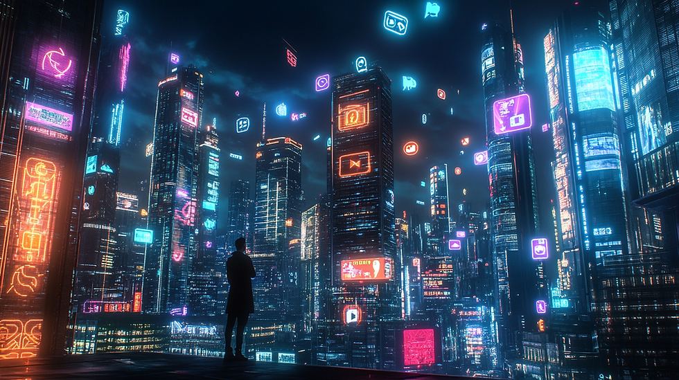 ネオンカラーのSNSアイコンが浮かぶサイバーパンクな夜景の都市を、一人の人物が見渡しているCGイラスト