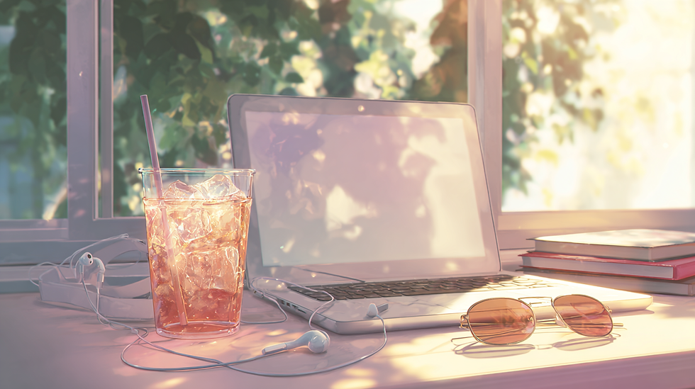 日差しが差し込む窓際のデスクに、アイスティー、ノートパソコン、サングラス、イヤホンが置かれている。