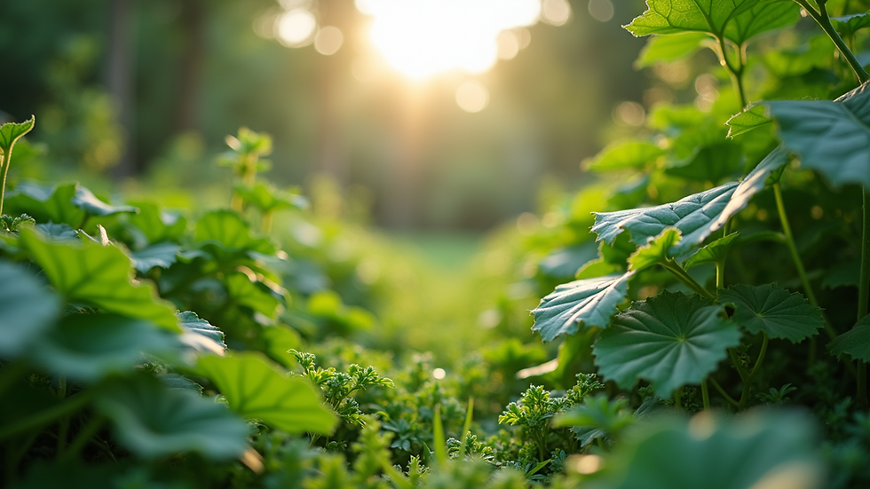 Eye-level view of a lush green garden with diverse plants