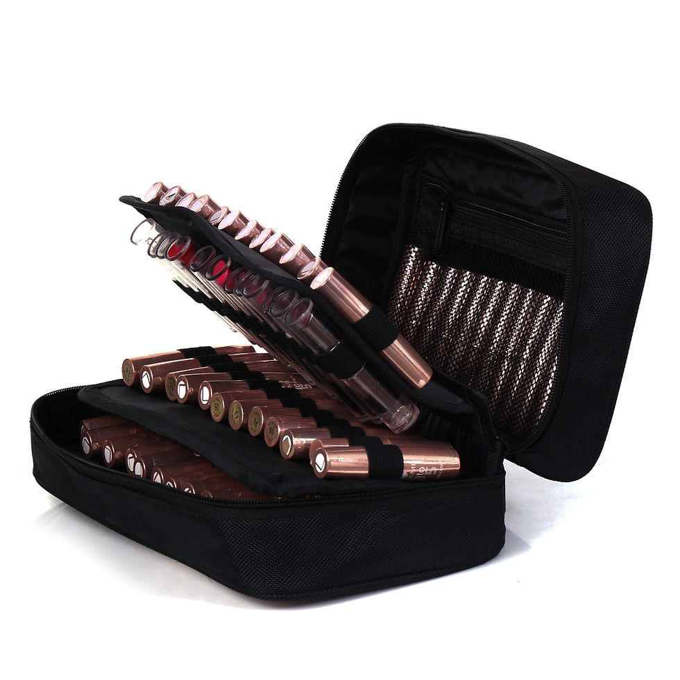 Open lipstick organiser showing 3 removable flaps holding 72 lipstick slots.