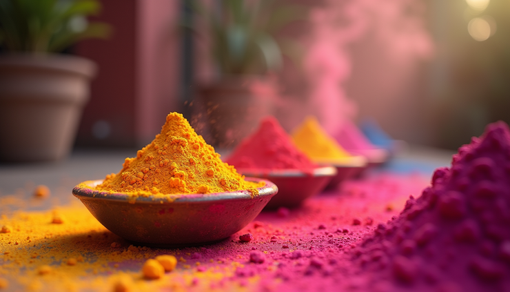 Eye-level view of a colorful Holi celebration setup with vibrant powders and festive decorations