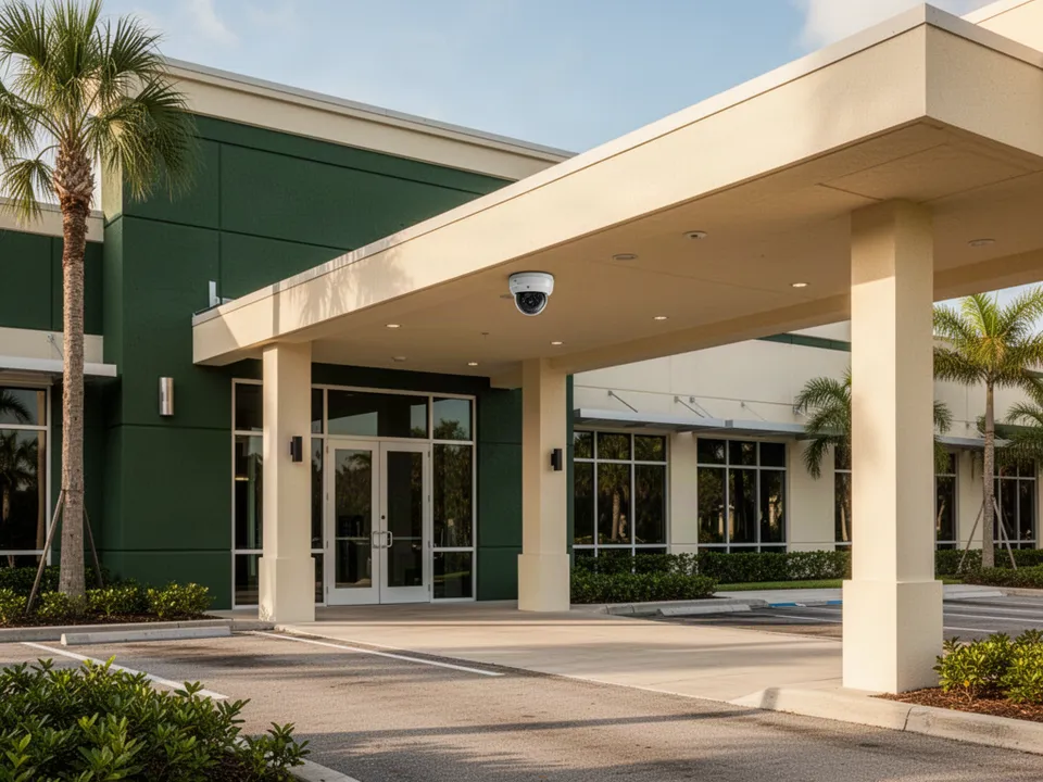 Illustrative commercial entrance and parking area with a security camera