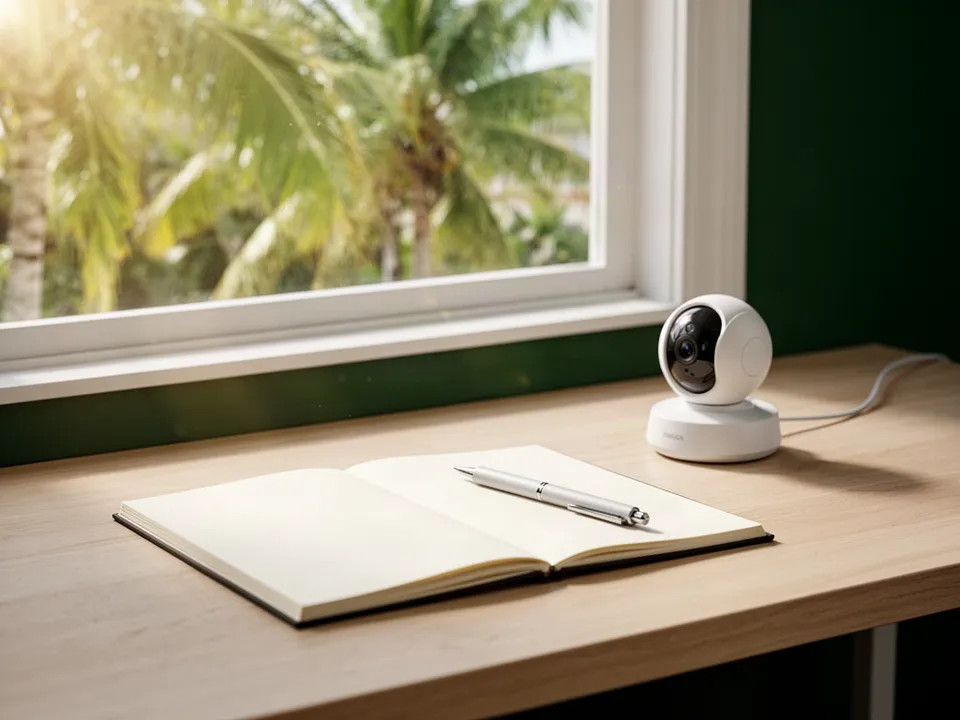 Illustrative estimate-planning desk with a notebook and security camera