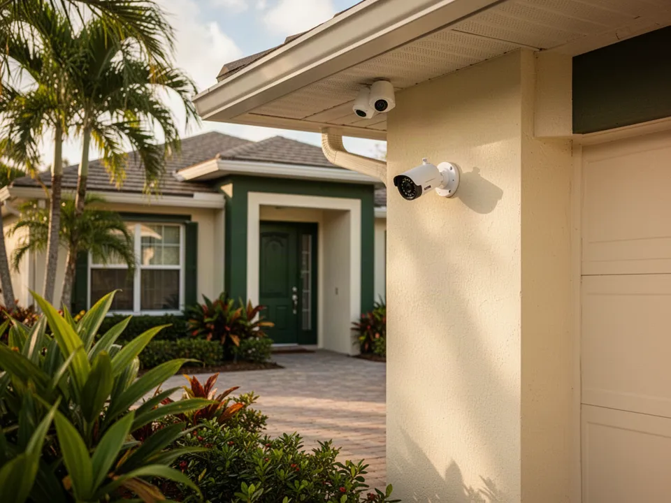 Illustrative Florida home entrance and driveway with security cameras
