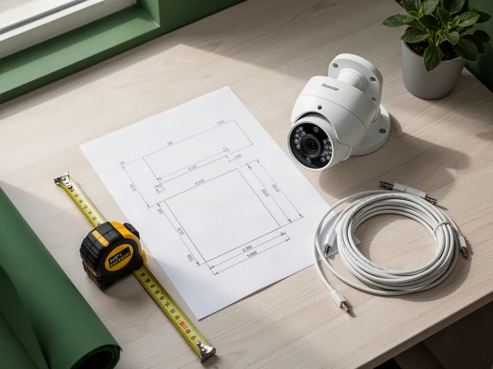 Illustrative camera-system planning desk with equipment and diagram