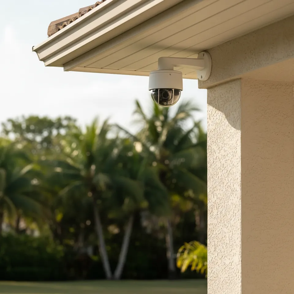 Illustrative security camera mounted beneath a Florida property eave
