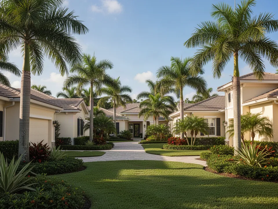 Illustrative Southwest Florida neighborhood with palms and low-rise homes