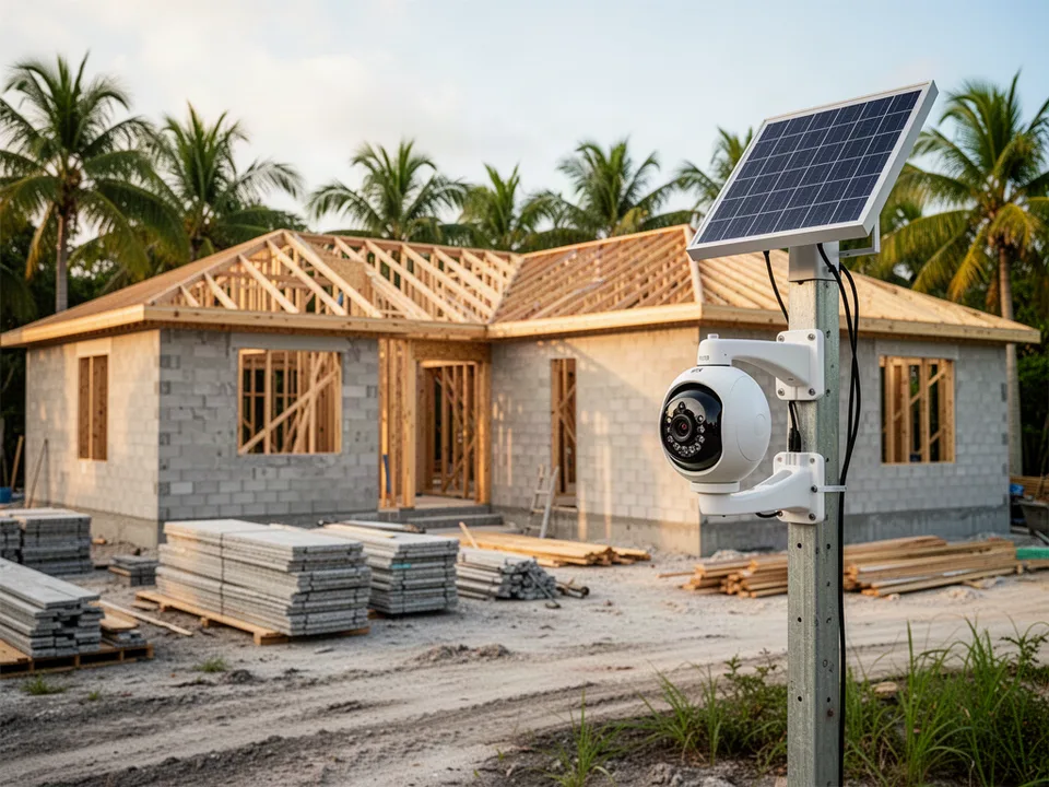 Illustrative solar-powered 360-degree pan-tilt security camera overlooking a home construction site