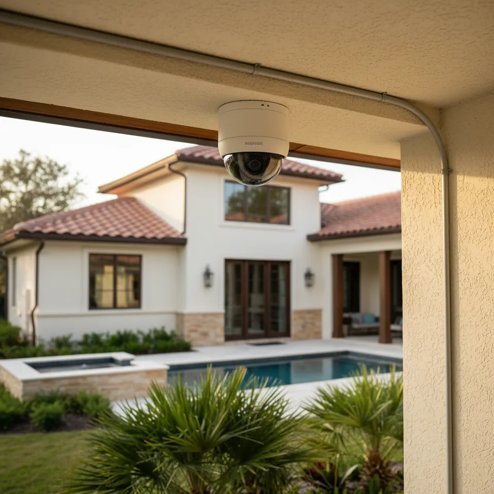 Illustrative exterior security camera and tidy installation under a soffit