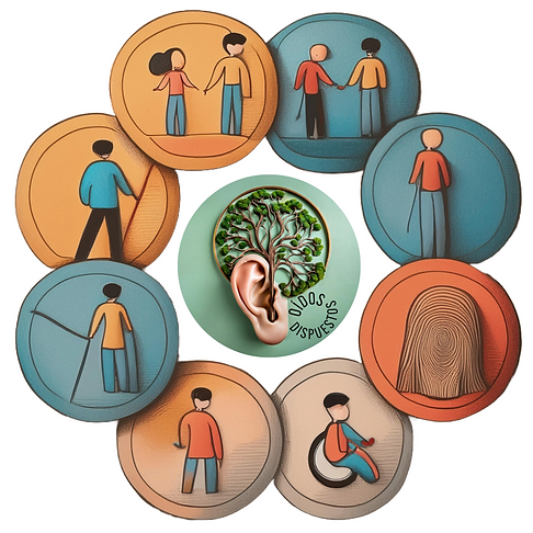 En el centro el logo de la página y alrededor 8 cÃrculos con dibujos con personas con y sin discapacidad.