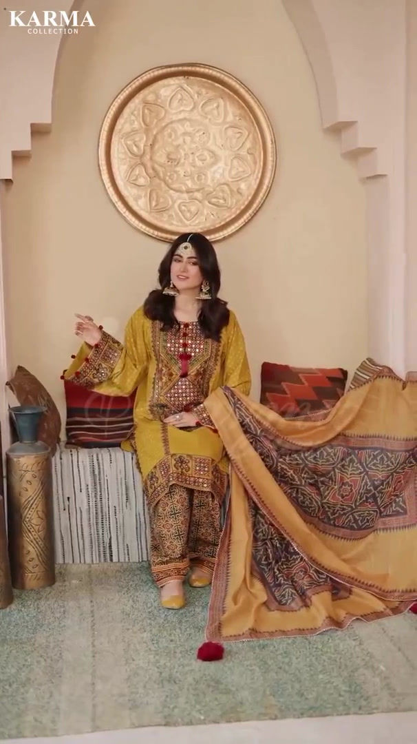 Thumbnail: Karma Naqsh Embroidered Mustard Shalwar Kameez 3pc