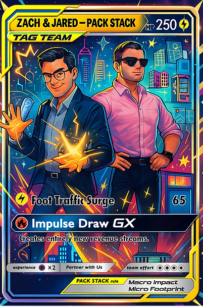 Illustrated Pokemon trading card showing Zach and Jared as tag-team characters for Pack Stack