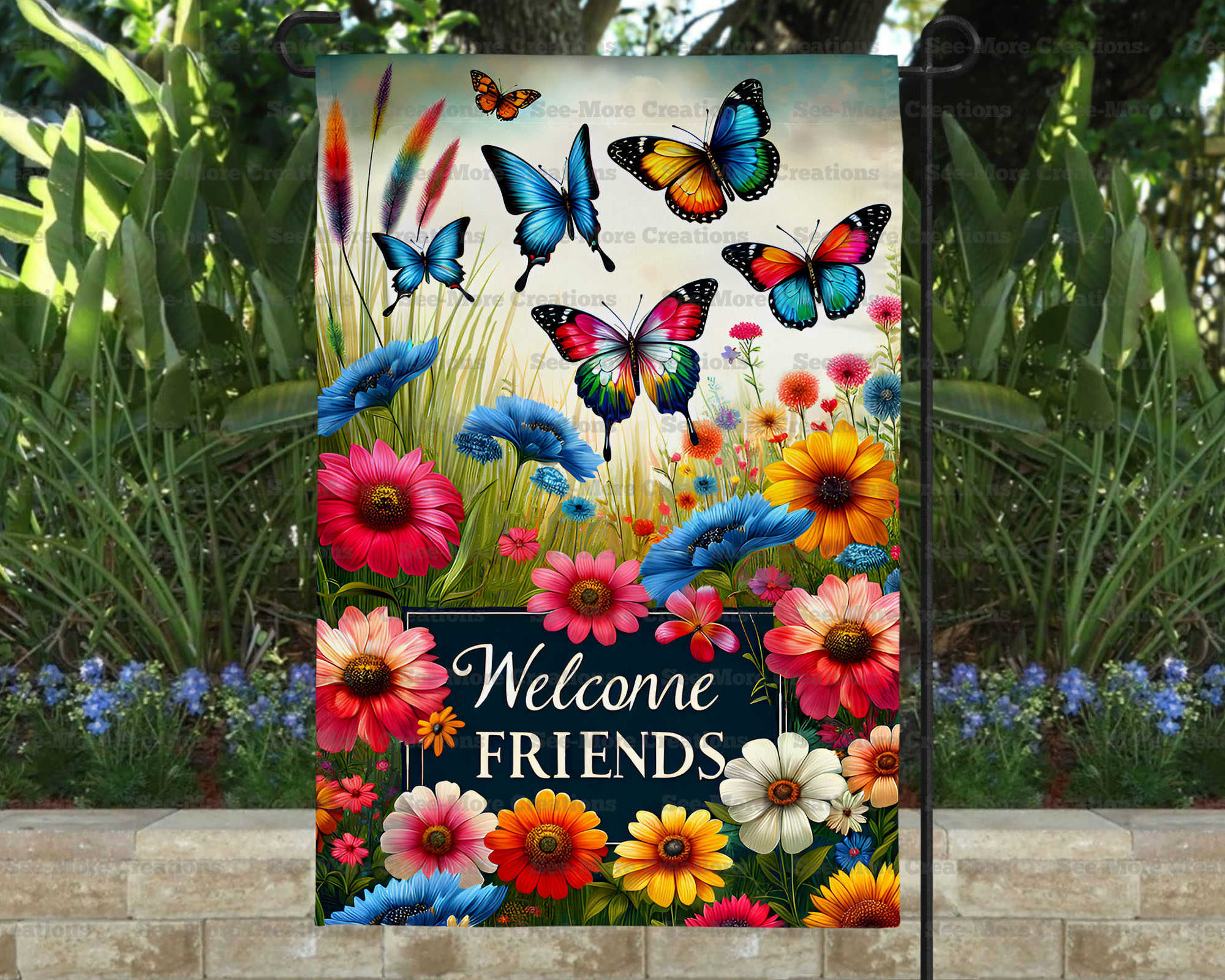 Welcome Friends #3 Butterflies & Colorful Flowers Garden Flag