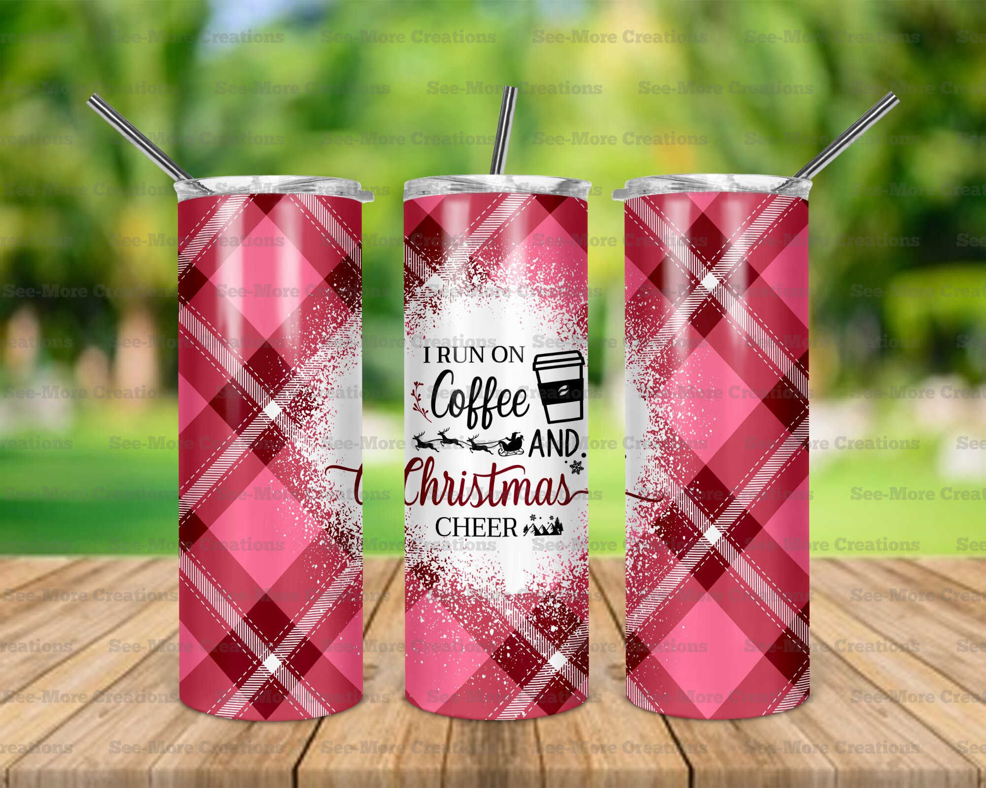 I Run On Coffee And Christmas Cheer #13 Pink Plaid Skinny Tumbler