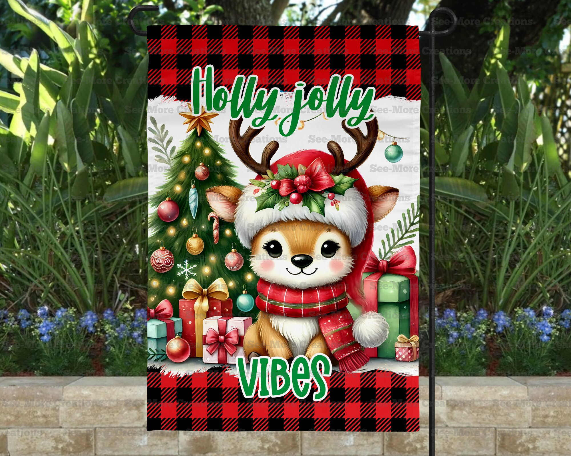 Holly Jolly Vibes #4 Reindeer In Santa Hat Garden Flag