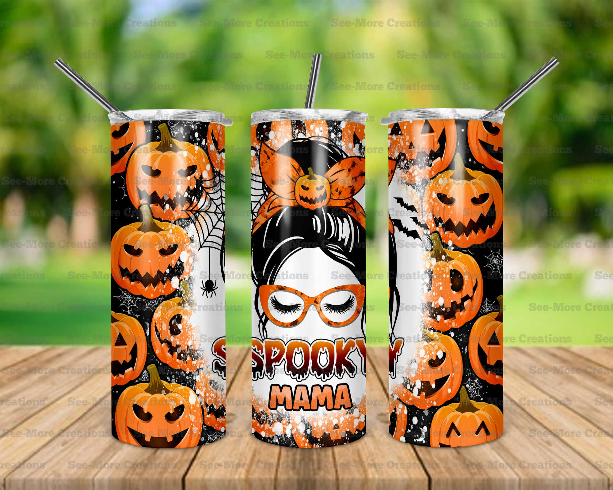 Spooky Mama #15 Messy Bun Pumpkins Skinny Tumbler