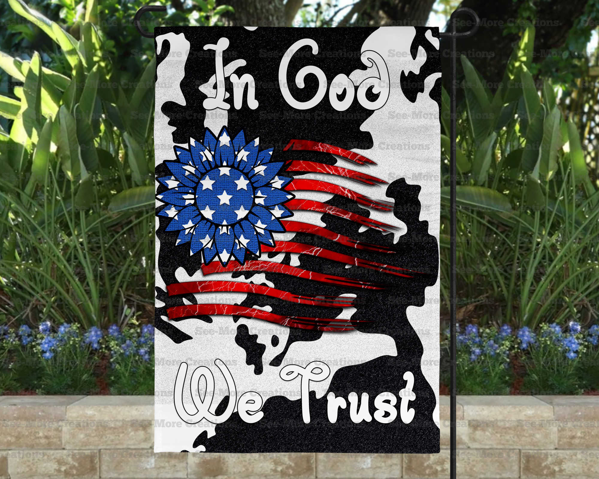 In God We Trust #5 Flower American Flag Cow Print Garden Flag