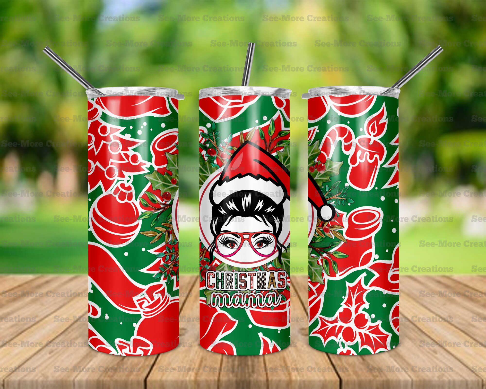 Christmas Mama #13 Messy Bun In Santa Hat Skinny Tumbler